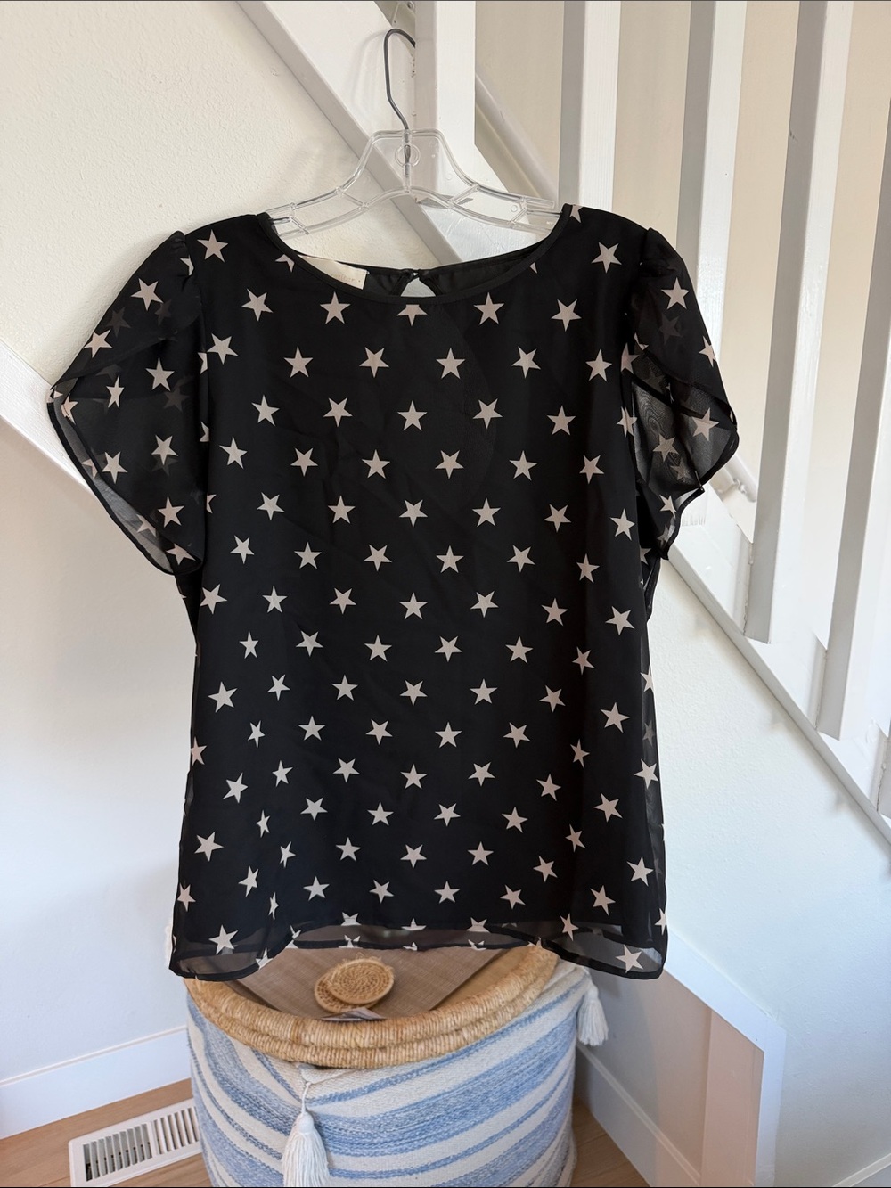 Corey Lynn Calter Black Star-Print Chiffon Short Sleeve Top